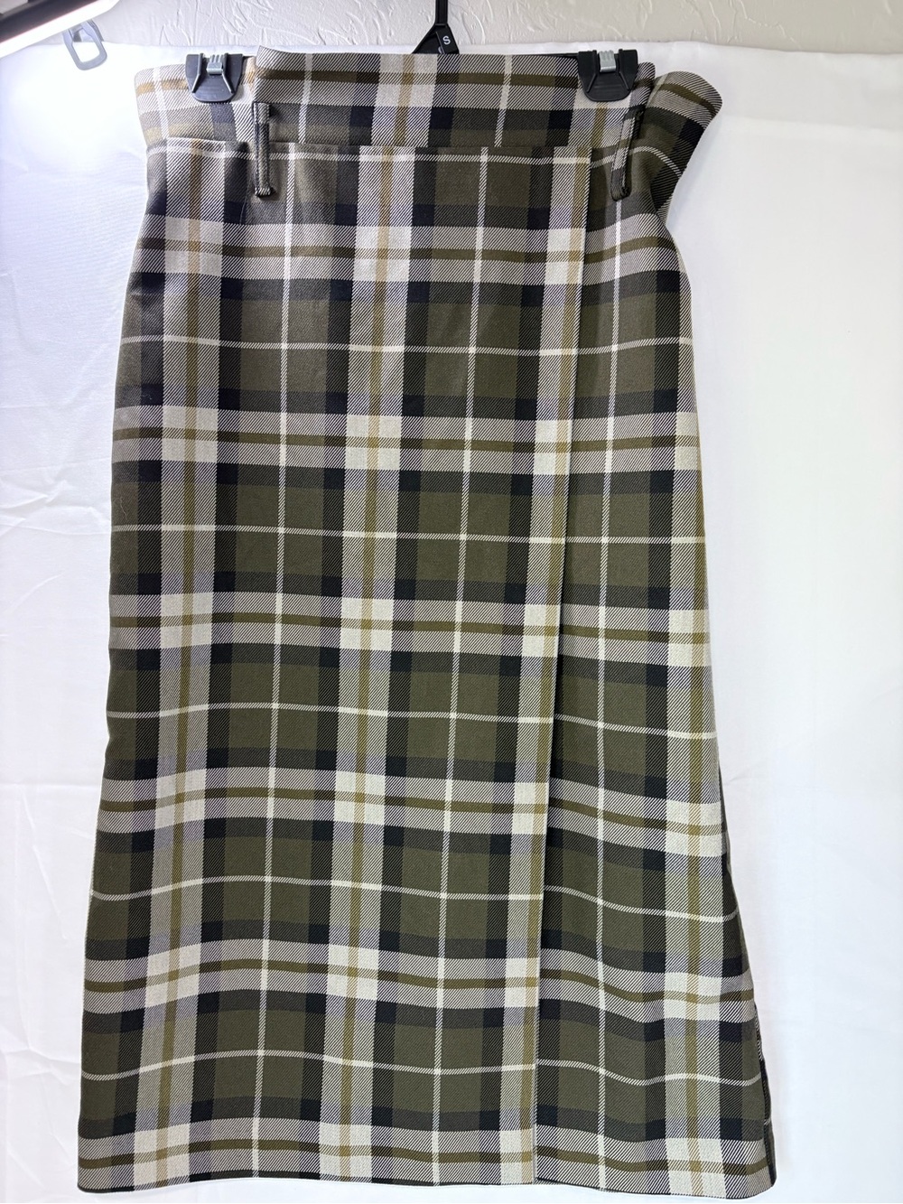 H&M Olive and Cream Plaid Midi Skirt